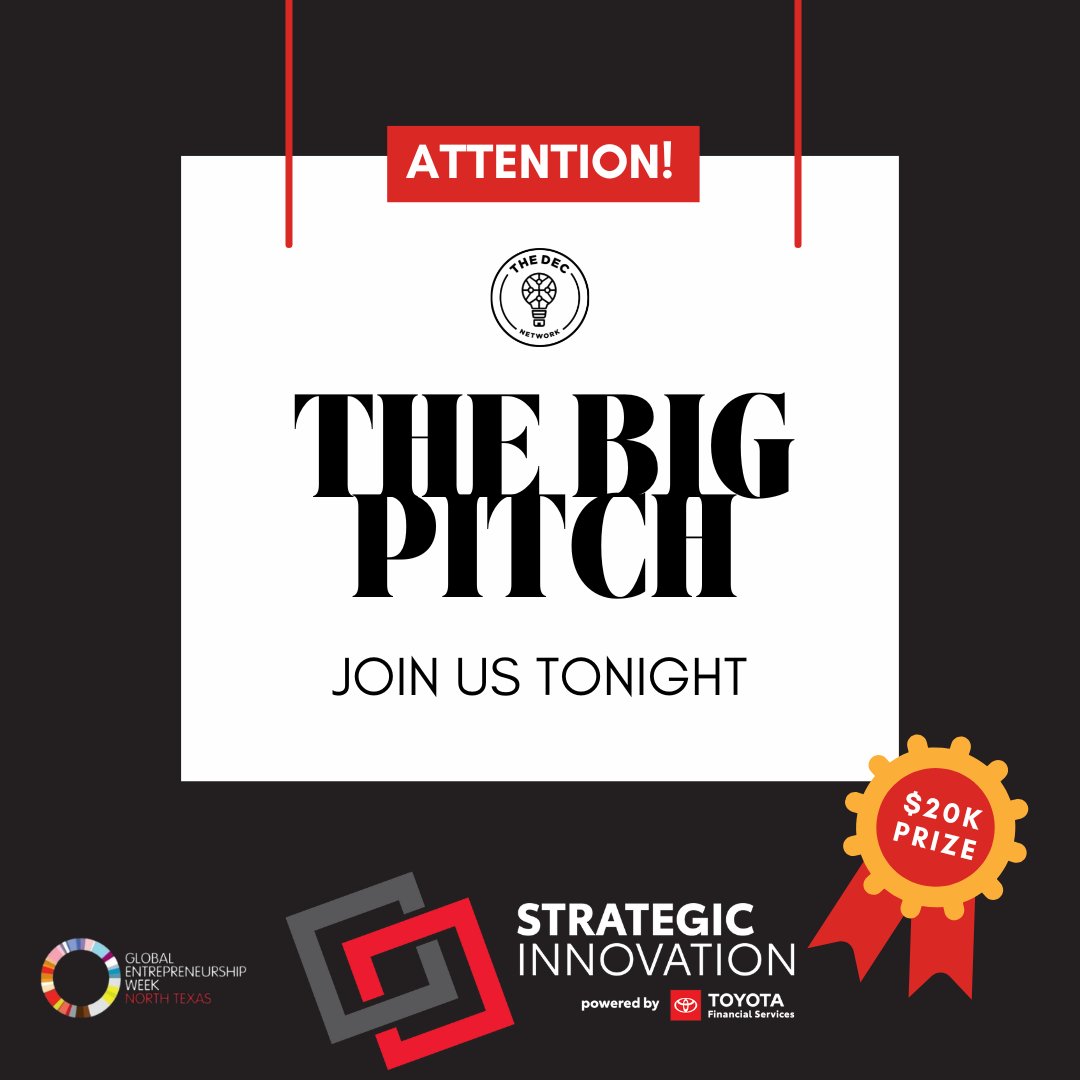 ⭐️ This week is THE BIG PITCH sponsored by Strategic Innovation, Powered by Toyota Financial Services!

️🚀  Enjoy hearing 10 past DEC Network Cohort 1st and 2nd place winners...this really is THE BIG PITCH! ⁠
⁠

Register at ➡️ b.link/theBigPitch