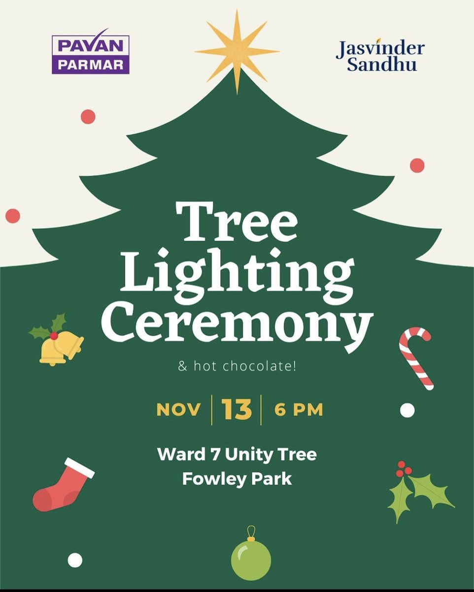 Tonight!  Join @councillorpavan and I in lighting the Unity Tree at Fowley Park at 6pm.  PS - there’s free hot chocolate 🎄☕️