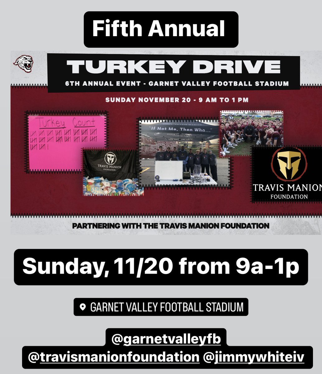 Dave Wrzesniewski (@coach_wrez) on Twitter photo 1 WEEK until the 5th Annual <a href="/GarnetValleyFB/">Garnet Valley Football</a> Turkey Drive. Sunday, 11/20 from 9a-1p supporting local Veterans. Please help us help those in need this Thanksgiving holiday.
Drop off a Turkey on 11/20 or donate - donate.travismanion.org/event/philadel… 1 WEEK until the 5th Annual <a href="/GarnetValleyFB/">Garnet Valley Football</a> Turkey Drive. Sunday, 11/20 from 9a-1p supporting local Veterans. Please help us help those in need this Thanksgiving holiday.
Drop off a Turkey on 11/20 or donate - donate.travismanion.org/event/philadel…