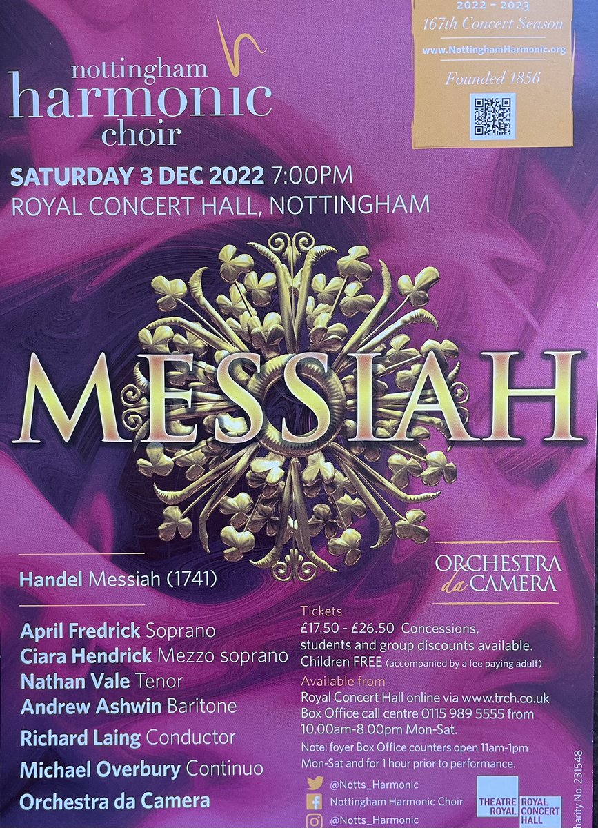 Our next concert - Handel’s Messiah ‘Complete’ - Dec 3rd 7:30pm <a href="/RoyalNottingham/">TRCH</a> with <a href="/ODAC_/">Orchestra da Camera</a> <a href="/SingforJoy3/">April Lyn Fredrick</a> <a href="/ciara_hendrick/">Ciara Hendrick</a> <a href="/NathanValeTenor/">Nathan Vale</a> <a href="/drumendus/">Andrew Ashwin</a> Michael Overbury with the inspiring direction of Richard Laing. Tickets here: trch.co.uk/whats-on/the-m… or Box Office: 0115 989 5555