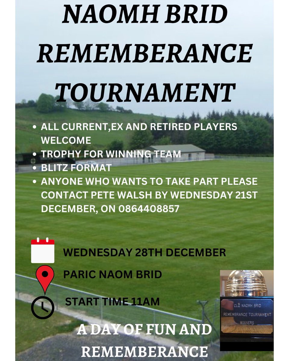 NaomhBridGAA's tweet photo. We a running a 7 aside tournament in remembrance of all deceased members and people of the parish. We are looking for definite numbers so we can run the event smoothly, we are inviting current members/players, past members and retired players  all to take part. https://t.co/Ud63dj9HII