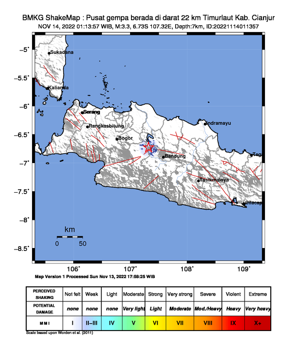 infoBMKG's tweet photo. #Gempa Mag:3.3, 14-Nov-22 01:13:57 WIB, Lok:6.73 LS, 107.32 BT (Pusat gempa berada di darat 22 km Timurlaut Kab. Cianjur), Kedlmn:7 Km Dirasakan (MMI) I-II Purwakarta, I-II Bandung Barat #BMKG https://t.co/cQkdZoaJPP