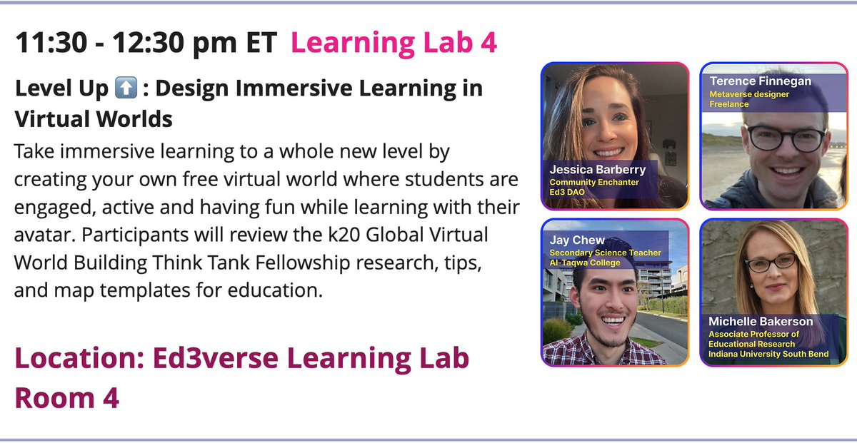 Barberification's tweet photo. 🚀Level Up: Design Immersive Learning in Virtual Worlds #ed3con22

💎Presenting with @terence_fin @Jaychewyteach @gameonteaching 

🤯Tip: Ss are more likely to participate virtually when they don't have to use a camera

🤯Tip: Virtual Worlds don't have to be 3D to be effective https://t.co/HJ5DBkRQlY