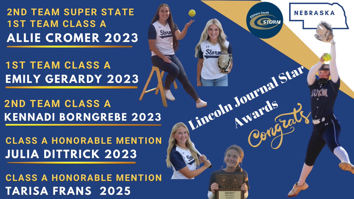 ESHS Storm Softball (@eshssoftball) on Twitter photo ๐ฃHot off the press๐ฐ Congrats Storm ๐ฅ <a href="/JournalStarNews/">Lincoln Journal Star</a> Award Winners! <a href="/Allison_Cromer7/">Allie Cromer</a> leads w/2nd Team Super State
& 1st Team Class A.<a href="/EmilyGerardy/">Emily Gerardy</a> joins 1st Team Class A. <a href="/kenborngrebe/">Kennadi Borngrebe</a> achieves 2nd Team Class A. <a href="/DittrickJulia/">Julia Dittrick</a> & <a href="/TarisaFrans/">Tarisa Frans</a> earns Class A Honorable Mention!๐ฅ ๐ฃHot off the press๐ฐ Congrats Storm ๐ฅ <a href="/JournalStarNews/">Lincoln Journal Star</a> Award Winners! <a href="/Allison_Cromer7/">Allie Cromer</a> leads w/2nd Team Super State
& 1st Team Class A.<a href="/EmilyGerardy/">Emily Gerardy</a> joins 1st Team Class A. <a href="/kenborngrebe/">Kennadi Borngrebe</a> achieves 2nd Team Class A. <a href="/DittrickJulia/">Julia Dittrick</a> & <a href="/TarisaFrans/">Tarisa Frans</a> earns Class A Honorable Mention!๐ฅ