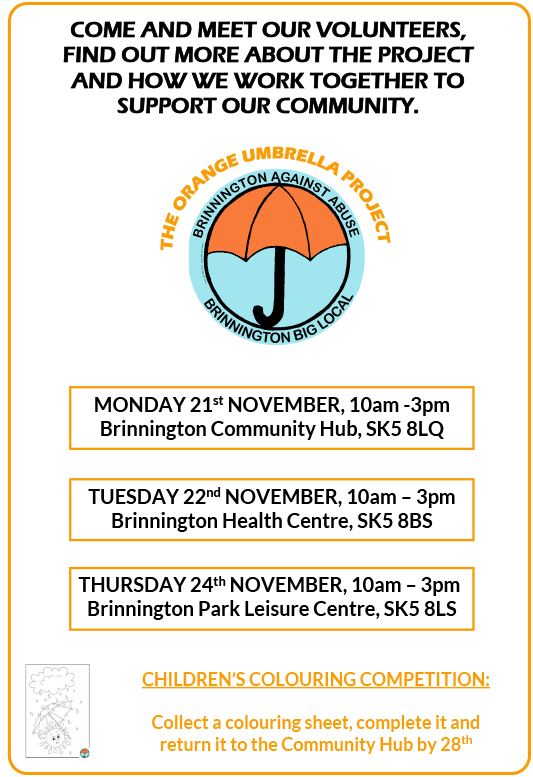 Our volunteers will be at the Community Hub on Berwick Parade to talk about the Orange Umbrella project, our goals and how you can get involved.  And don't forget to pick up a colouring sheet. <a href="/OWLSgroup/">Owls Group 💜</a> <a href="/SMBC_Community/">Communities Team</a> <a href="/womenscentreSPT/">SWC</a> @StockportSWA <a href="/StockportHomes/">Stockport Homes</a>