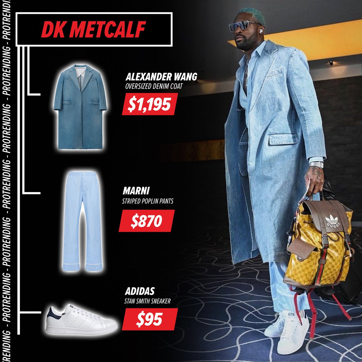 Protrending's tweet photo. #DKMetcalf brought his💧to #Munich for Week 10 styling in an #AlexanderWang overcoat, #Marni trousers, and #Adidas sneakers ahead of #Seahawks x #Bucs game. 
#protrending #stylelikeapro #nflstyle
(📷 @seahawks ;🎨 @dexrob) https://t.co/loEKXJWqbK