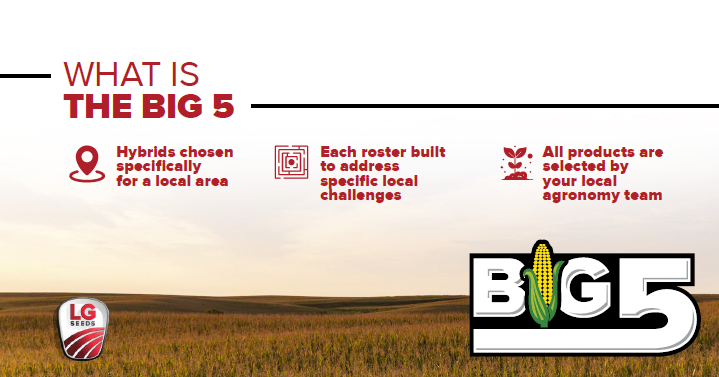 In a world full of endless choices, we're narrowing it down to the best of the best. 🌽 Introducing LG Seeds Big 5: hybrids tailored to your area. 

Search all qualifying hybrids on the #LGSBig5 website lgseeds.com/big-5. Let's get you ready for #plant23!