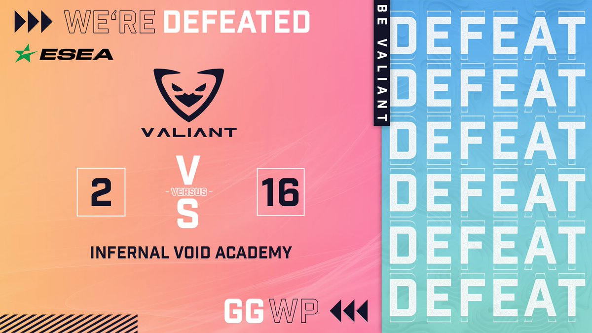 [DEFEAT]

Good evening lads,

we lost our match to a clearly better opponent. With that, we stand 3-4. A lot of work needs to be done. GGWP!

 Ancient 2:16

Enjoy your evening and #beVALIANT
