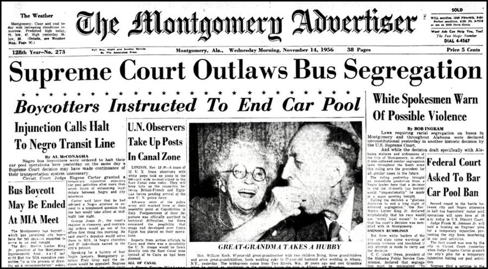 FreedomsRoad's tweet photo. #OTD 1956: #SCOTUS upheld lower court ruling that #Alabama &amp; #Montgomery bus segregation laws UNCONSTITUTIONAL, violating due process &amp; equal protection clauses. 
Boycotters won!  Boycott ended on 12.20.56.
#blackhistory #civilrights #MLK #travelingfreedomsroad #rosaparks https://t.co/T7Z58Zk9tu