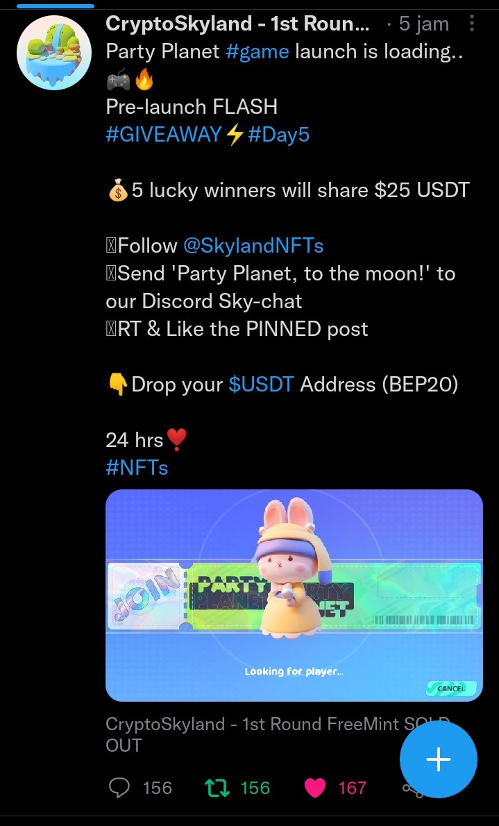 Raven11007's tweet photo. @SkylandNFTs 🌌PARTY PLANET🌐

#Giveaway #Day5 
#game  $USDT

DC : Raven11007#5758

              👇ADDRESS👇
0xe9DC38E5Ce4bCB028CA35860737E89Ef7609B353 https://t.co/MdZV5MmfN6