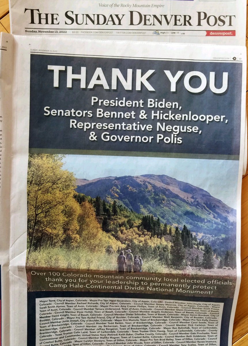 See <a href="/themountainpact/">The Mountain Pact</a> ad in the <a href="/denverpost/">The Denver Post</a> signed by 100+ Colorado local elected officials thanking <a href="/POTUS/">President Donald J. Trump</a>, <a href="/SenatorBennet/">Michael Bennet</a>, <a href="/Hickenlooper/">John Hickenlooper</a>, <a href="/RepJoeNeguse/">Rep. Joe Neguse</a>, &amp; <a href="/GovofCO/">Governor Jared Polis</a> for their leadership to permanently protect #CampHaleContinentalDivide #NationalMonument! bit.ly/CHCDMP