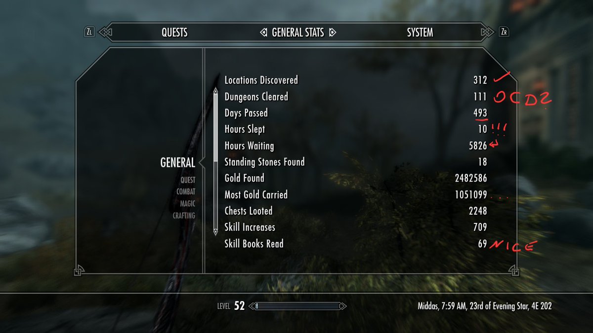 Ilionej's tweet photo. These are only my Switch stats so far - on other platforms they were certainly higher over the years - but it seems sleep is for the weak and idle is the way to riches. 🤣 Now please let me never find a skill book again... #Skyrim #SkyrimSwitch https://t.co/W4YAO8Ce85