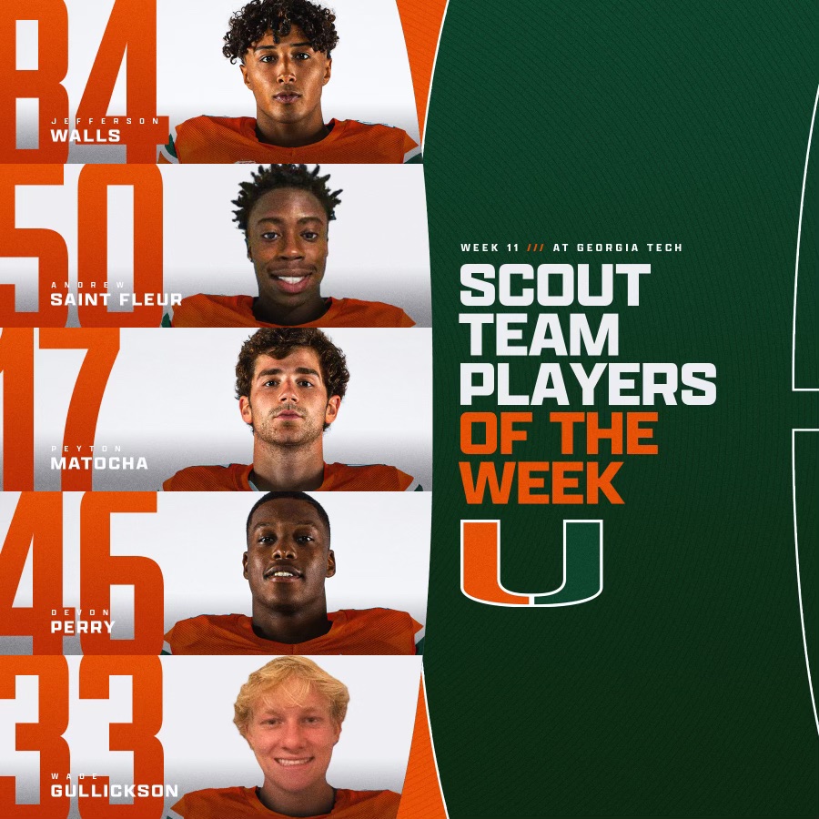CanesFootball's tweet photo. Week 1️⃣1️⃣
Scout Team Players of the Week

@JeffersonWalls3 
@fleur_andrew
@peyton_matocha 
@Devon09_ 
Wade Gullickson https://t.co/OtUTuerOoy