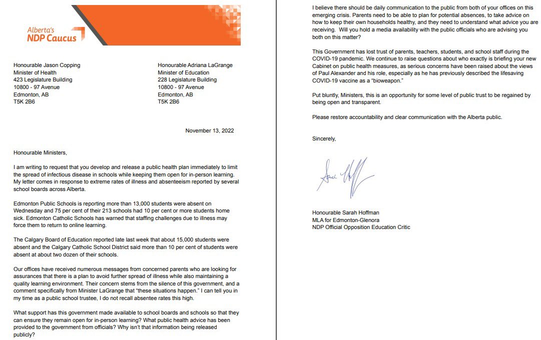 Today, I wrote to <a href="/AdrianaLaGrange/">Adriana LaGrange</a> &amp; <a href="/JasonCoppingAB/">Jason Copping</a> demanding a public health plan to limit the spread of infectious disease in schools while keeping them open for in-person learning. 1/2 #ableg #abed