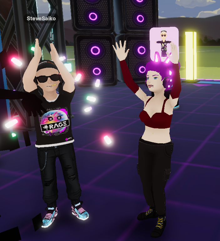 RoseBonnuit's tweet image. Jamming to @FuriaXTR with @SteveSaiko at the Techno Stage. -66,81 in @Decentraland with more DJs to come, then off to RAGE 🎶

#DCLMVMF22  #SteveSaiko #MultiNFT