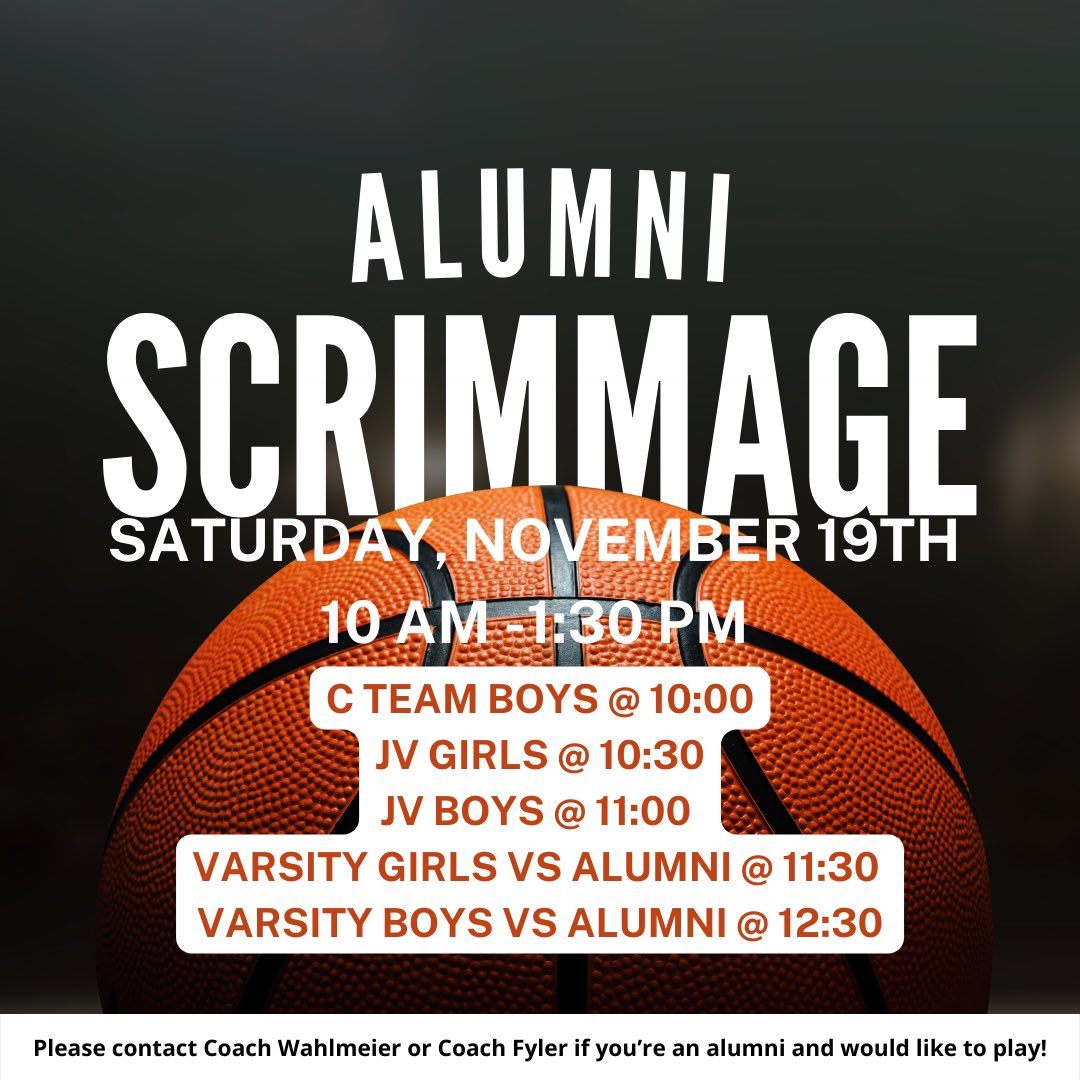 🏀HS BASKETBALL SCRIMMAGE🏀
We need more alumni to participate! Please contact Coach Wahlmeier (<a href="/jwahl10/">Jordan Wahlmeier</a>) or Coach Fyler (@CoachFyler) if you would like to play!