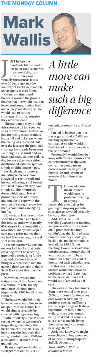 velvets14's tweet photo. THE MONDAY COLUMN
By GBGB trainer Mr Mark Wallis.
In The Racing Post. https://t.co/udoB645TIX