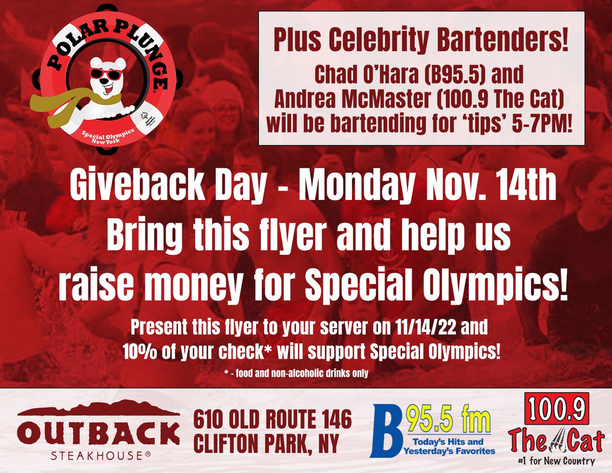 SpecOlympicsNY's tweet photo. We've got a Giveback Day coming to @Outback in Clifton Park tomorrow!

Show this flyer to your server and 10% of your check will support our organization. And did we mention Chad from @B955 and Andrea from 100.9 The Cat will be bartending? Can't wait! #BeAFan https://t.co/IjznmtUg4T