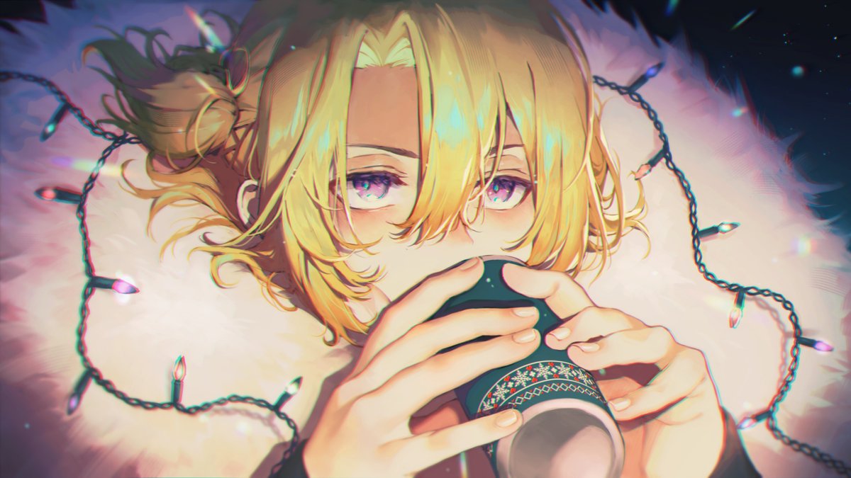 male focus 1boy solo blonde hair looking at viewer holding cup  illustration images