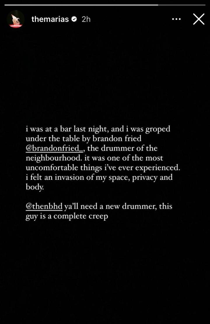 thenbhdBRA's tweet image. María Zardoya, vocalista do The Marías, relatou ter sido assediada por Brandon Fried em um bar na noite de ontem. 

Nos solidarizamos 100% com a vítima e consideramos qualquer tipo de violência inaceitável. Desejamos toda força a María e que ela esteja bem na medida do possível.