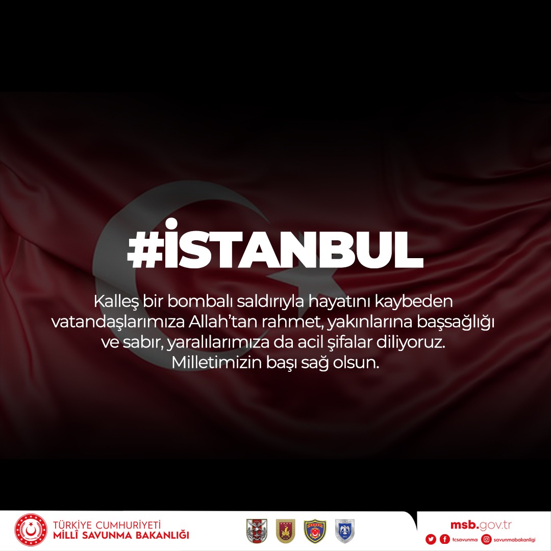 İstiklal Caddesi’nde gerçekleşen bombalı saldırıda vefat eden vatandaşlarımıza Allah’tan rahmet, yakınlarına baş sağlığı ve sabır, yaralılarımıza da acil şifalar dileriz. Milletimizin başı sağ olsun.
#MSB