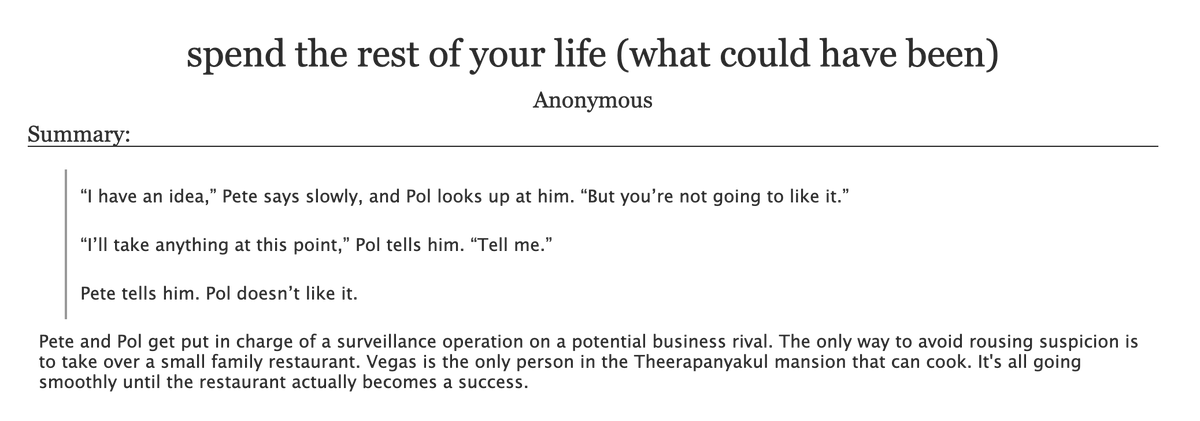 kptsfanexchange's tweet photo. #kptsfanexchange Day 4 "spend the rest of your life (what could have been)" for lightshine(Vegas/Pete, T, word count: 9093, Fic) Link: https://t.co/5Eb7z8NhAQ https://t.co/QFoS2itcrE