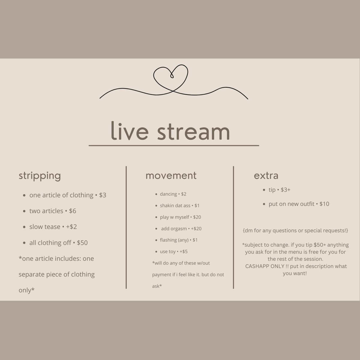 going live on my main nsfwtwt tomorrow @ 12pm est! here’s the livestream menu! 🤍 *subject to change*