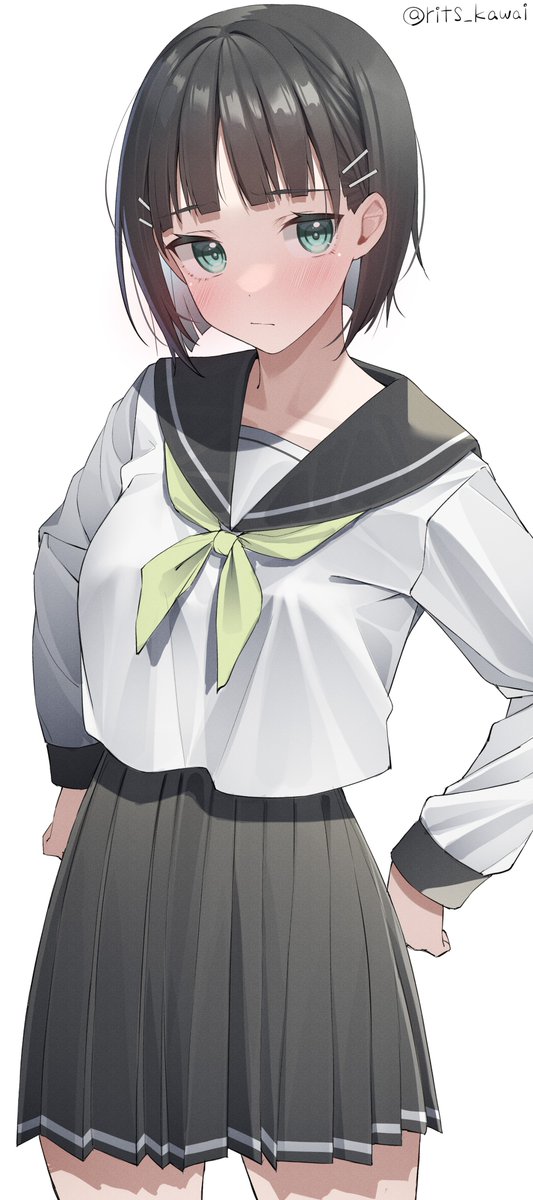 kirigaya suguha 1girl skirt solo black hair hair ornament white background school uniform  illustration images
