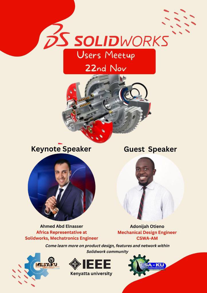 ku_mesa's tweet photo. Mesa_ku in partnership with @IEEEorg and @_ESA_KU will be hosting @Dassault3DS on 22-11-22 at 2pm 
Chandaria training room @KenyattaUni 
Register🔥https://t.co/m6ncy6mYlT 
Come learn about product design in Solidworks, Solidworks premiere features, Solidworks 3D experience https://t.co/dUHGbKH3nF