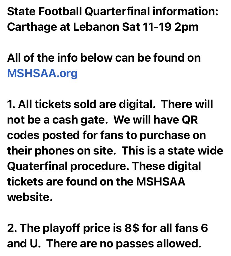 wchristianleb's tweet photo. State Quarterfinal football ticket info:
Carthage at Lebanon
Sat 11-19 2pm https://t.co/4dgfpvHDTh