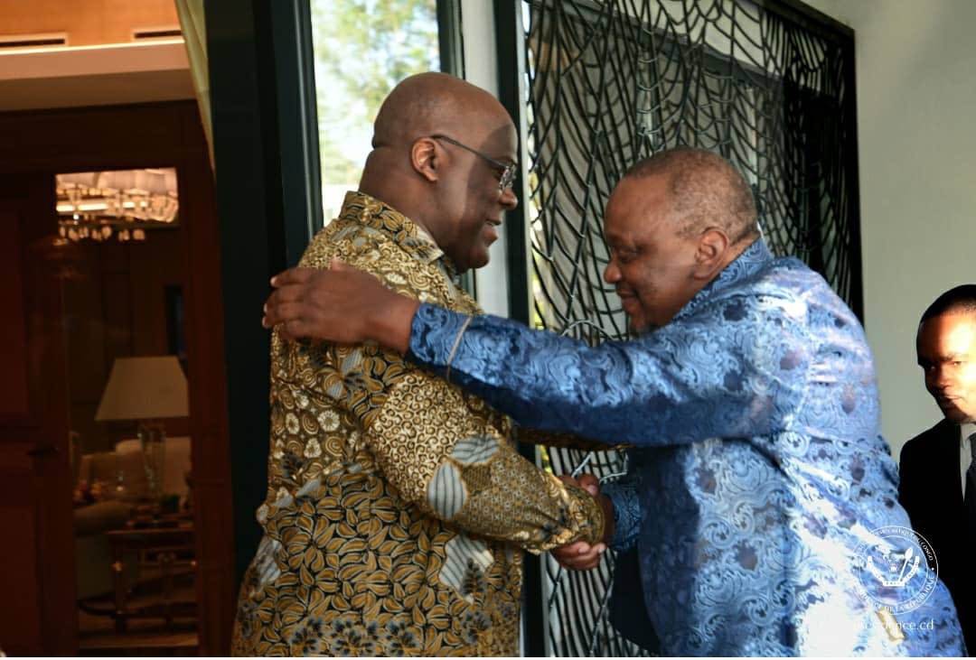 jumuiya's tweet photo. This afternoon, DRC President H.E @fatshi13 held a meeting with the Facilitator of the EAC-led Peace Process, H.E Uhuru Kenyatta, accompanied by EAC SG @pmathuki in Kinshasa. They deliberated on the security situation in Eastern DRC. https://t.co/x9bj49TrlW