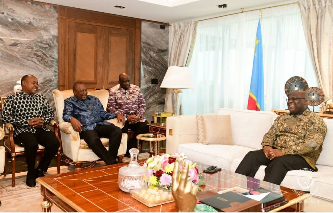 jumuiya's tweet photo. This afternoon, DRC President H.E @fatshi13 held a meeting with the Facilitator of the EAC-led Peace Process, H.E Uhuru Kenyatta, accompanied by EAC SG @pmathuki in Kinshasa. They deliberated on the security situation in Eastern DRC. https://t.co/x9bj49TrlW