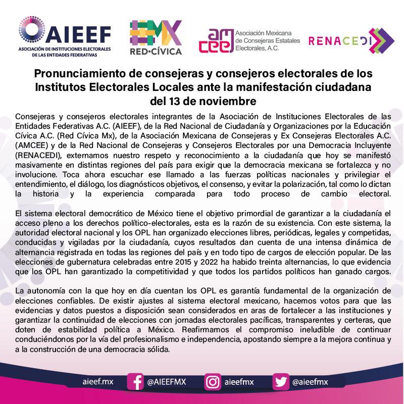 #Pronunciamiento |AIEEF, Red Cívica Mx, AMCEE y Renacedi, externan su respeto y reconocimiento a la ciudadanía que se manifestó en favor de la democracia en 🇲🇽. Toca escuchar el llamado a las fuerzas políticas, privilegiar el entendimiento, el consenso y evitar la polarización