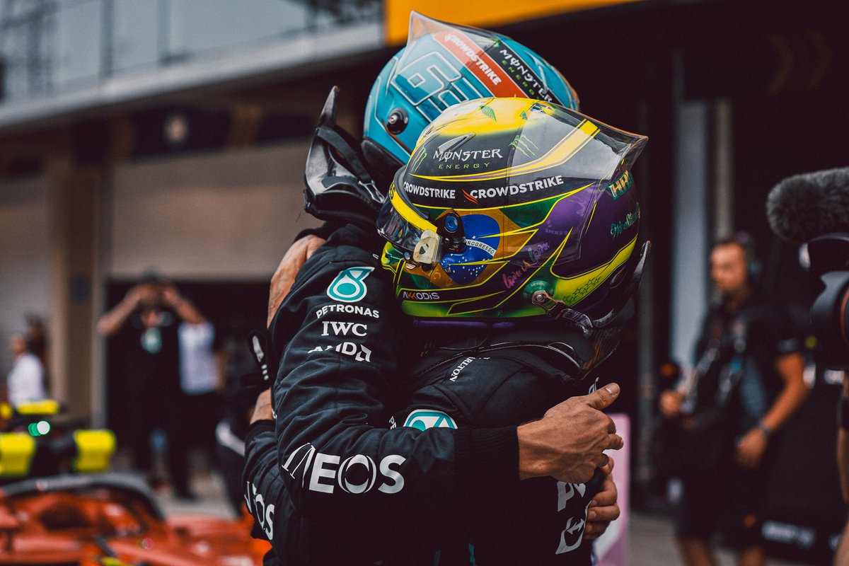 amgmotorsport's tweet photo. 🏁🏆 @georgerussell63 claims an emotional first Grand Prix win with @lewishamilton completing Silver Arrows double at the Autódromo José Carlos Pace in São Paulo. 🤩

What a fantastic @mercedesamgf1 team effort. 👏

#WorldsFastestFamily #BrazilGP #F1 https://t.co/vTBueMGh3B