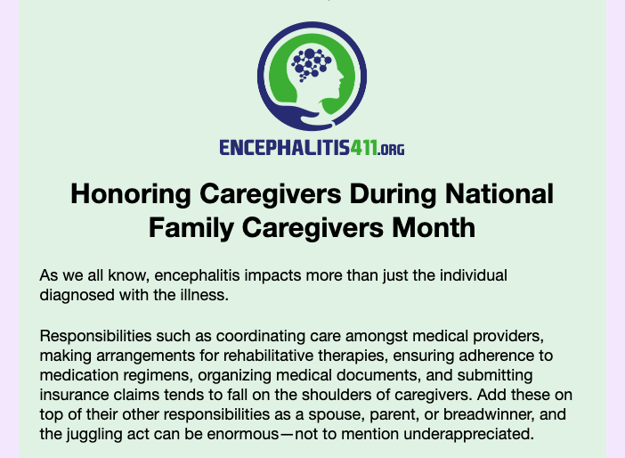 encephalitis411's tweet photo. 📣Calling all #encephalitis caregivers: we are hosting a free Zoom meeting on Sat, Nov 19 at 12PM EST/9AM PST as part of #NationalFamilyCaregiversMonth. Register by emailing info@encephalitis411.org. More info at: https://t.co/LdwiUcW1KT https://t.co/jee0PZzzgt