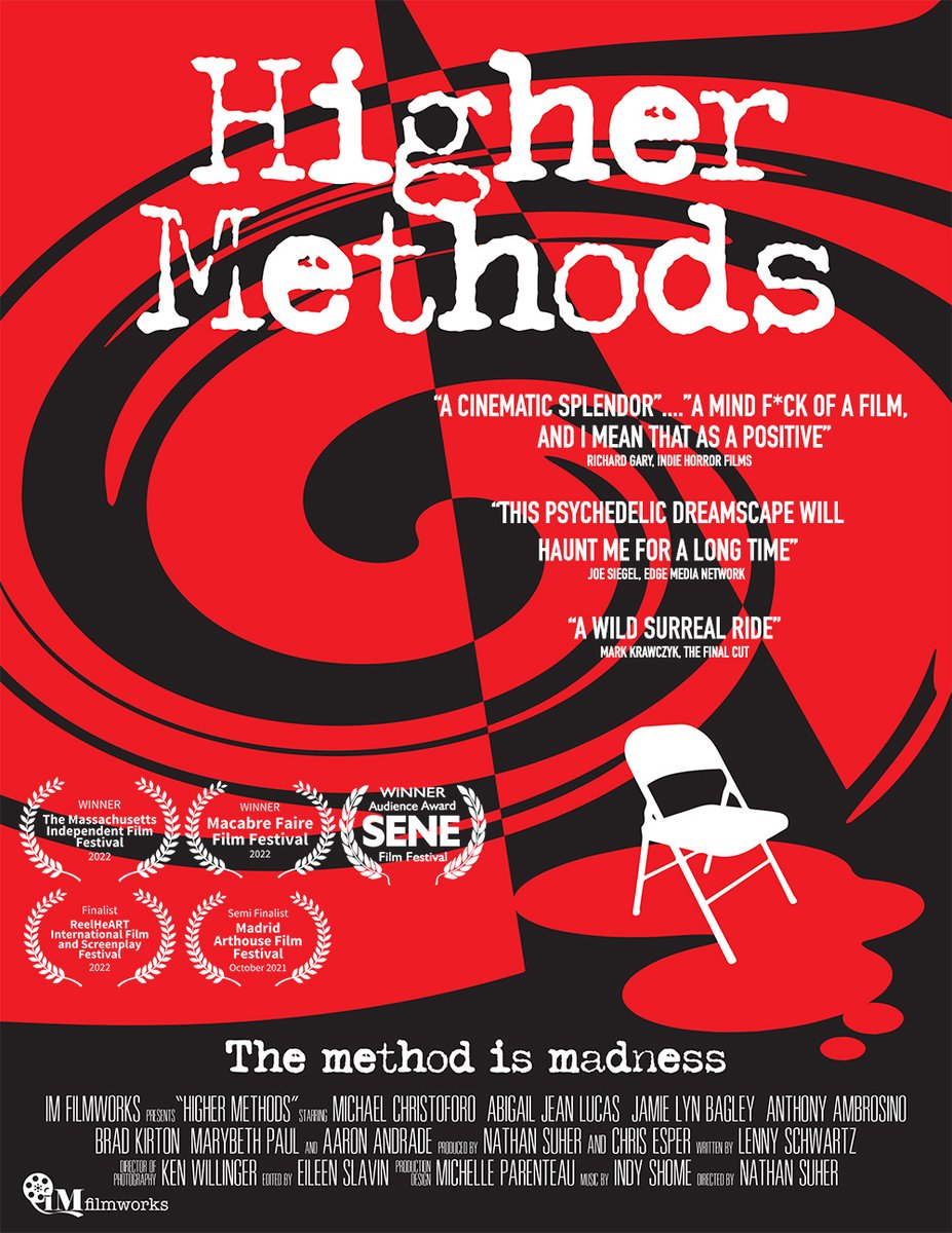 highermethods's tweet image. Updated #HigherMethods poster with #laurels.  Festival run has ended.  Now we are laser focused on distribution.  Will be available for sale/rent soon.  Winner of #AudienceAward #BestFeatureFilm #BestScreenplay #BestSupportingActor #BestSupportingActress #BestScore #BestEditing
