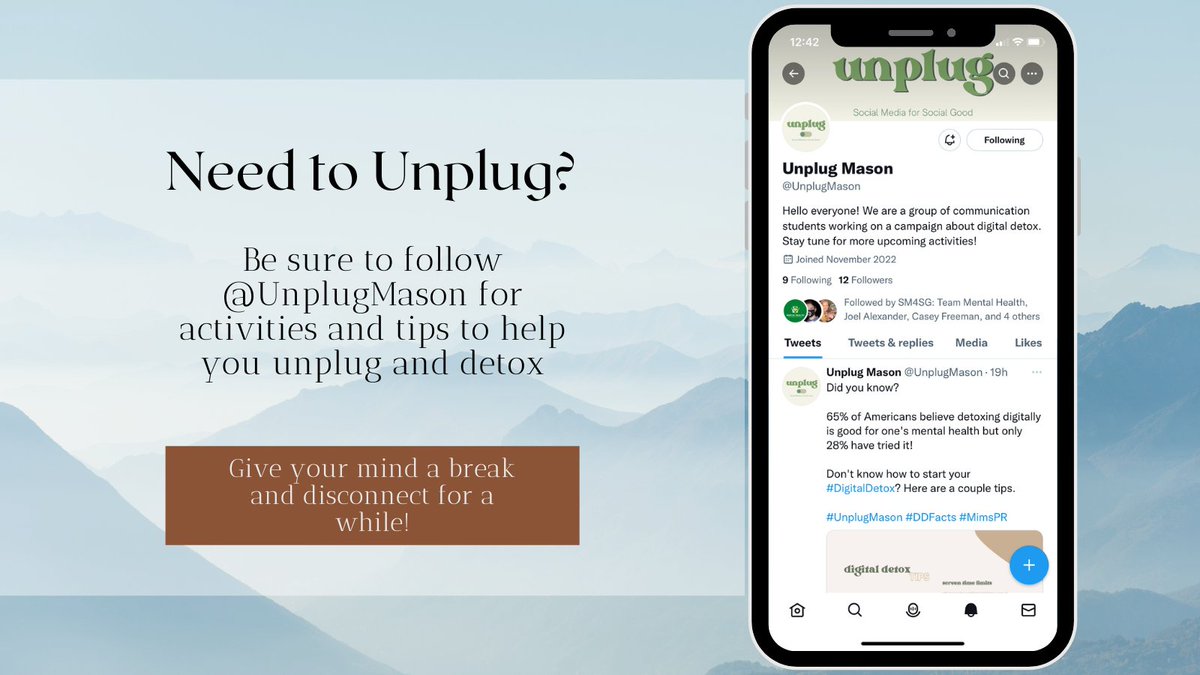 mentalhealth_3's tweet photo. Our relationship with social media can be a bit complicated. Be sure to follow @UnplugMason for encouragement to step back, take a break, and unplug for a bit
#MentalHealthAwareness #unplugged #Students4Students https://t.co/eLMcFTnNr2