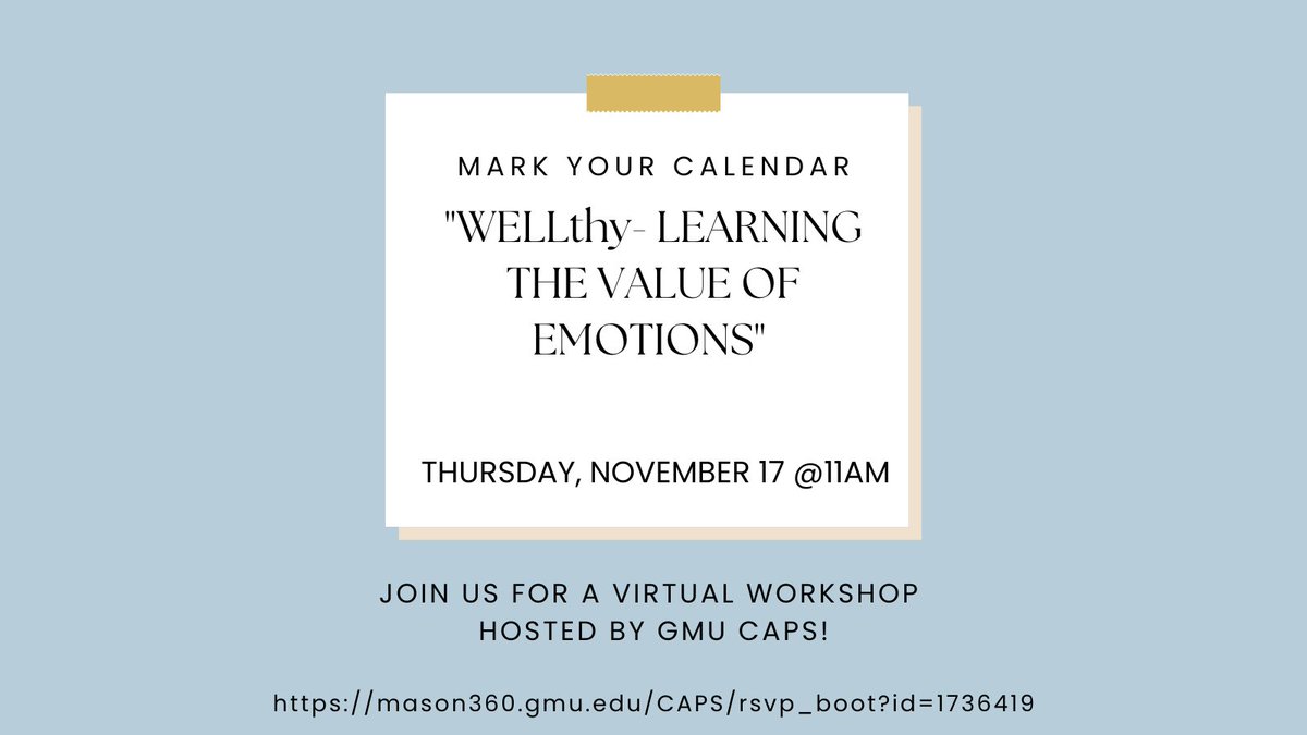 mentalhealth_3's tweet photo. Mark your calendar! @caps_gmu is hosting their last virtual session in their Managing Difficult Emotions series this Thursday, the 17th at 11am.
Be sure to register to learn the value of our emotions!
#MentalHealthAwareness #Students4Students #GMUMentalHealth https://t.co/agu4XZ7lqA
