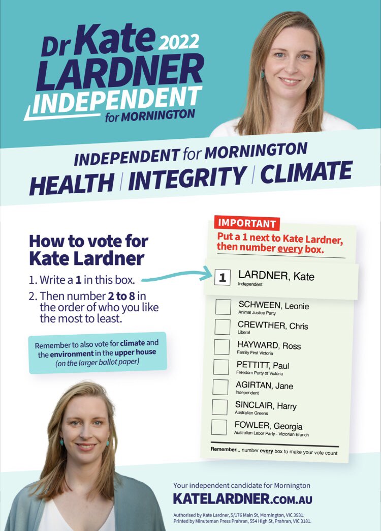Kate4Mornington's tweet photo. Today, early voting begins. 

This is our chance to create real change in our community. 

Mornington, I’m asking you to Vote 1 Kate Lardner, and then number every other box in order of your own preferences.

#morningtonvotes #springst #auspol https://t.co/xyLIJUCnP2
