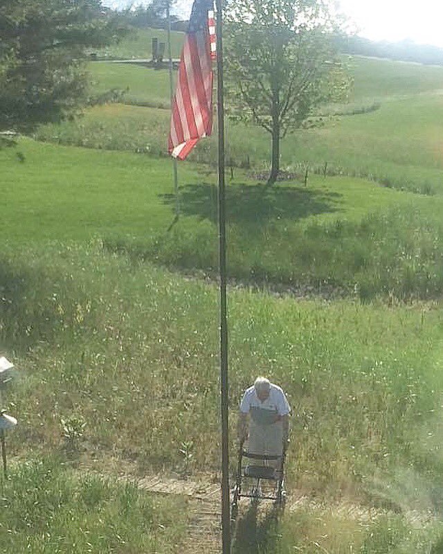 MilitaryCooI's tweet photo. Woke up this morning and saw our 96 year old neighbor, WWII Vet raising his flag. I'm sure he thought no one was watching but, before he went back inside, he saluted his country's flag. People like this and those who defended to their death the freedoms we enjoy daily. https://t.co/rlTWX99Jn9