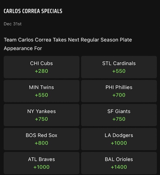BleacherNation's tweet image. Can I interest you in the current odds at @DraftKings for Carlos Correa's next team? 👀