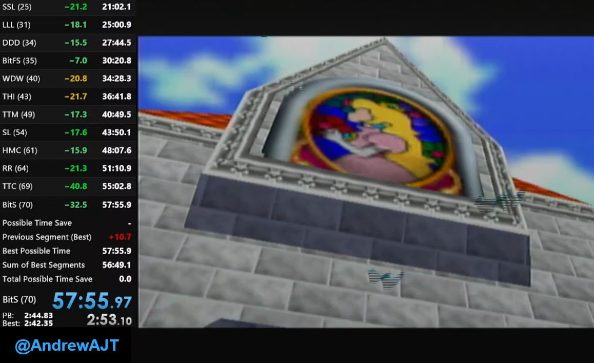 AndrewAJT's tweet photo. I GOT THE 57!!! New 70 Star PB! I died in BitS and thought that made a 57 impossible, but I was wrong lol. So happy 😀will upload this to YT! #SM64 #WiiVC #speedrun https://t.co/6pZ0vT2YAt