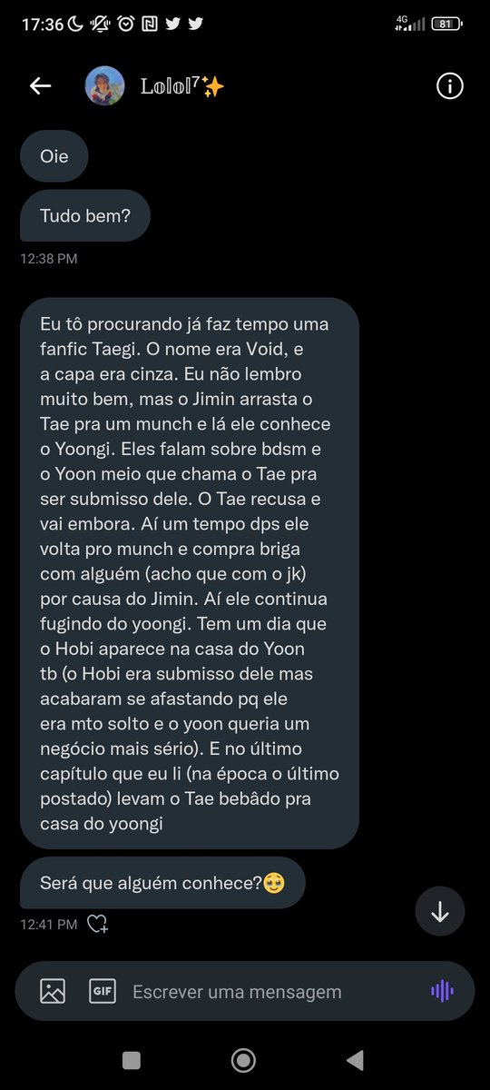 Acheific's tweet photo. Fanfic taegi pedido por @lyswerv se alguém souber sobre alguma delas ou autor favor deixar nos comentários  #acheitaegi https://t.co/l0QTho9UPf