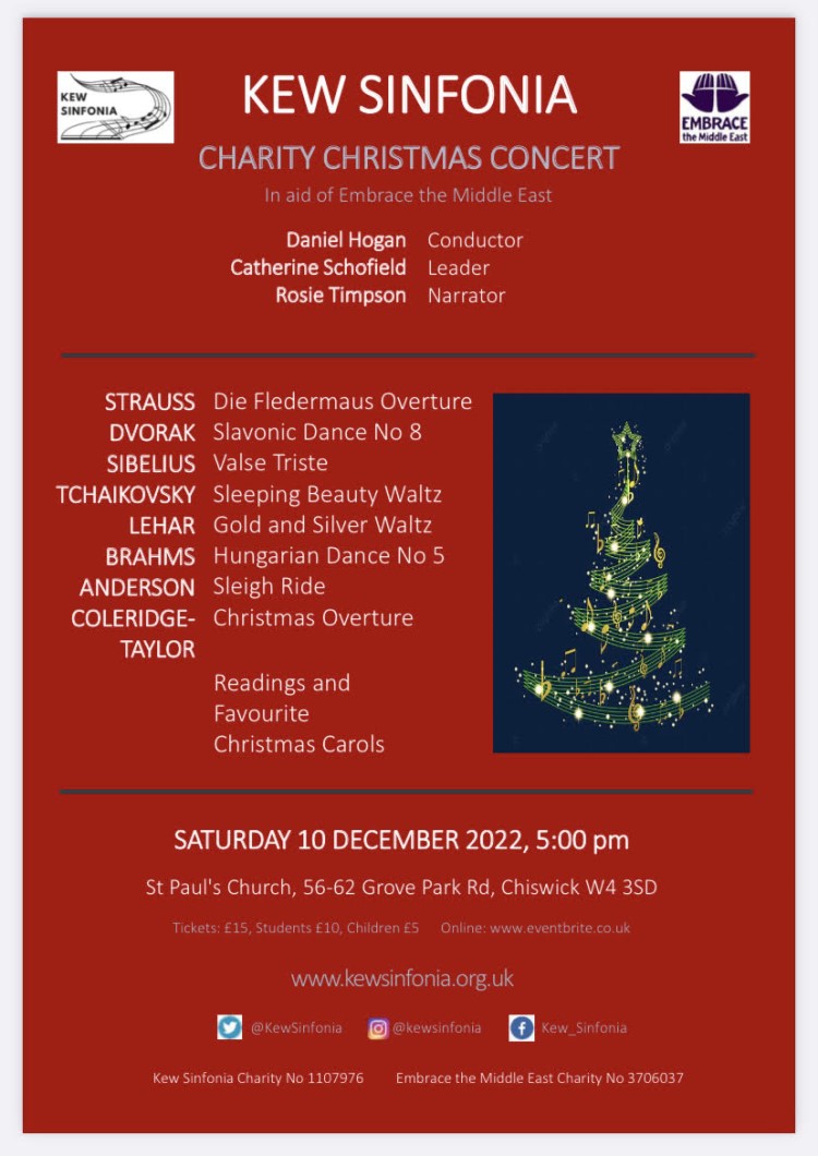 Booking now!!
A festive treat of seasonal music with @kewsinfonia and readings by Rosie Timpson in aid of <a href="/FollowEmbrace/">Embrace the Middle East</a>
Saturday 10 December, 5:00pm
St Paul's Church, Grove Park, Chiswick
Tickets:
eventbrite.co.uk/e/kew-sinfonia…
 #christmasconcert #festivemusic 

😍🎵🎅