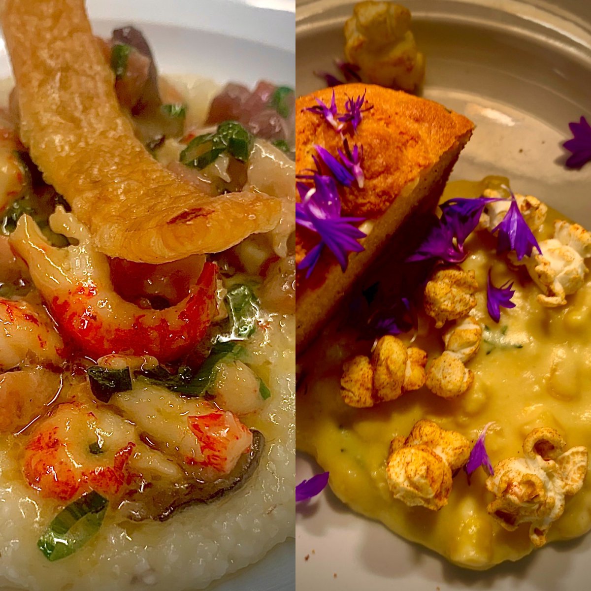 Crayfish and Grits &amp; Cornbread, Cream Corn, Popcorn and Cornflowers  two dishes from Flavour Notes Cork eight course Soul Food tasting menu