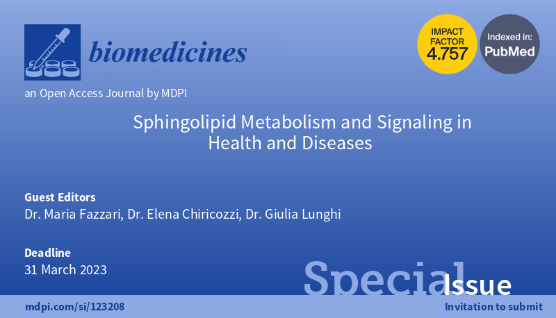 📢Deadline for submission to Special Issue in #Sphingolipid #Metabolism and #Signaling in #Health and #Diseases has been extended to March 31st 2023!

We would be happy to receive manuscripts on the topic 🧪🧫🧠

mdpi.com/journal/biomed…

<a href="/Biomed_MDPI/">Biomedicines MDPI</a>
 
<a href="/SL_Biology/">Sphingolipid Biology</a>
