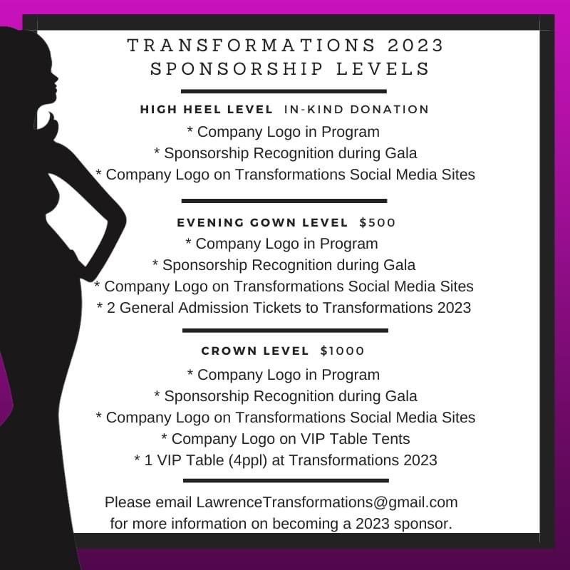 LawTrans's tweet photo. Transformations 2023 The Finale sponsorship levels are now available. Please email lawrencetransformations@gmail.com for more information or to become a sponsor. General Admission tickets may be purchased at https://t.co/c7Cpu1plGc.
#TheFinale #Transformations #charity #community https://t.co/vPTd81dAXW