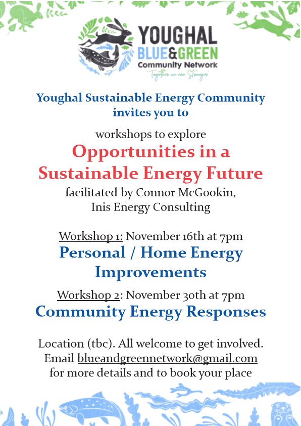 Following on from the recent launch of Youghal’s Energy Masterplan …

Please use link to register for one or both FREE workshops facilitated by 
<a href="/ConnorMcGookin/">Connor McGookin</a> 

#Sustainableenergycommunities 
#Youghalblueandgreencommunitynetwork 

docs.google.com/forms/d/e/1FAI…