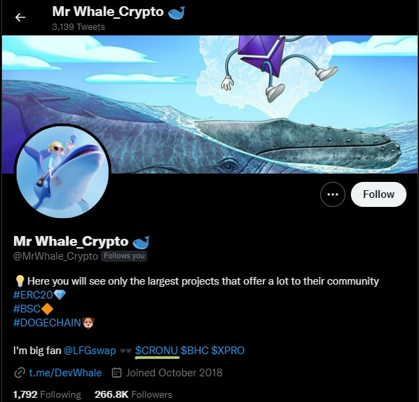CronuERC's tweet image. Mr Whale just joined our community and is a big fan of $CRONU 

Maybe something is coming 👀

#Cronu #CronosInu #Cronos #Cro #Cryptocom