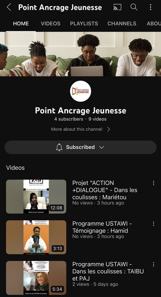 Nouvelle page YouTube pour <a href="/AncragePoint/">Point Ancrage Jeunesse</a> allez voir les témoignages